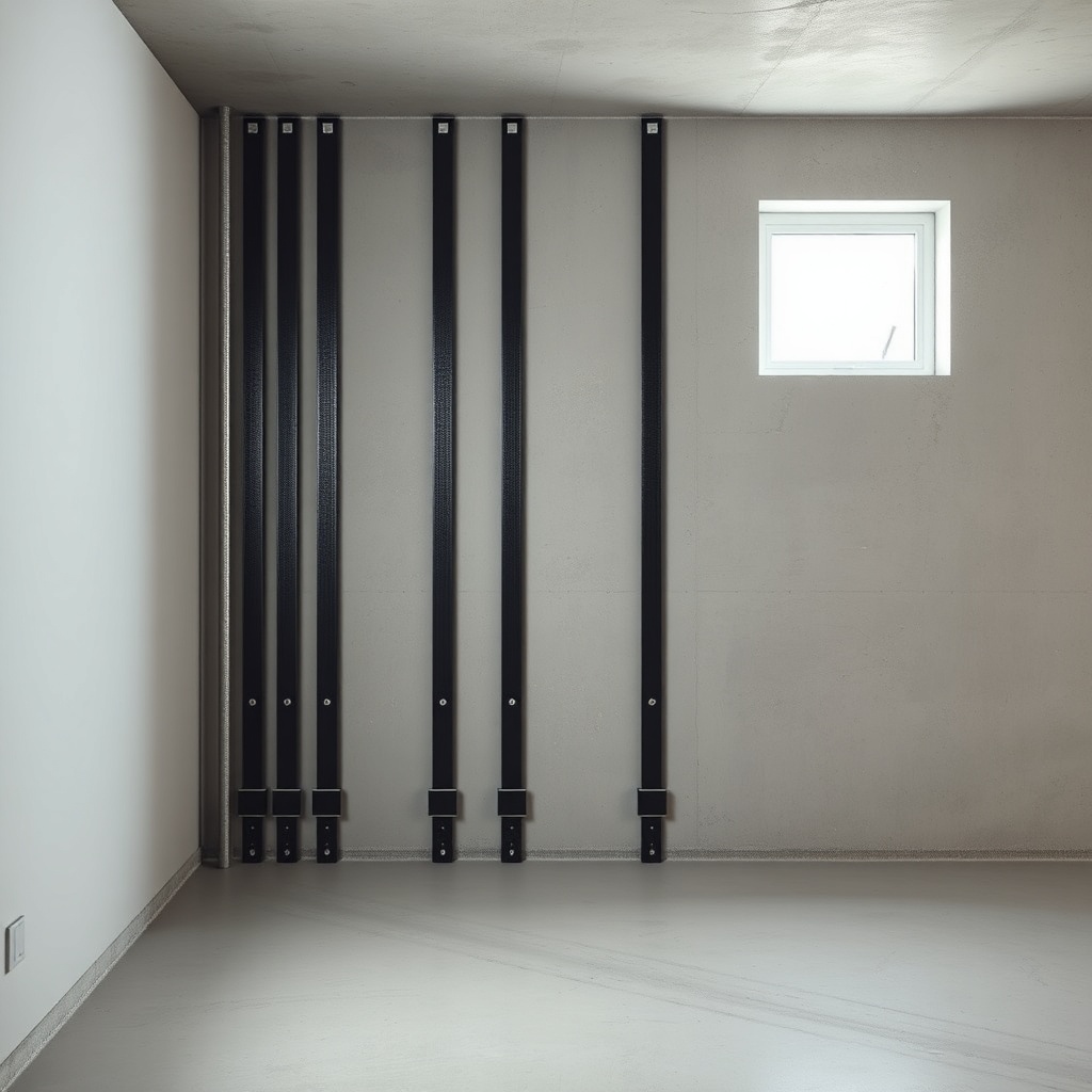 <clean photorealistic photo of a basement wall with multiple carbon fiber straps installed