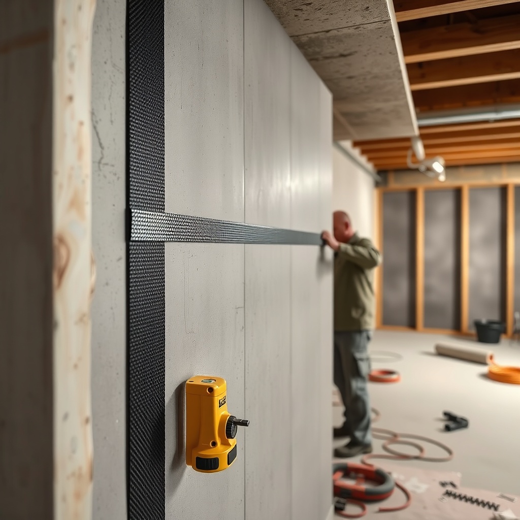 <clean photorealistic photo of a carbon fiber strap being installed on a concrete wall