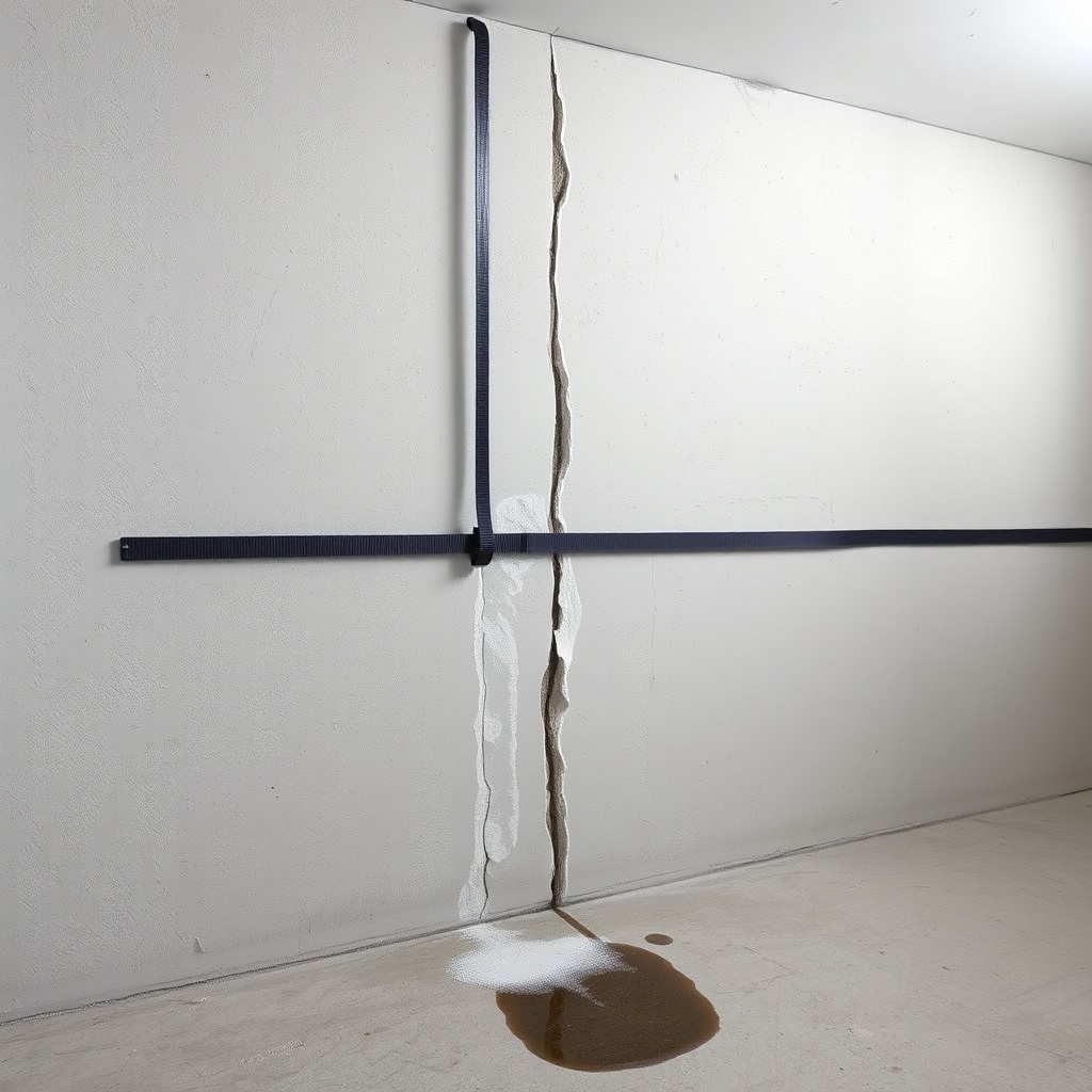 A photorealistic photo of a finished basement wall with a carbon fiber strap installed hor