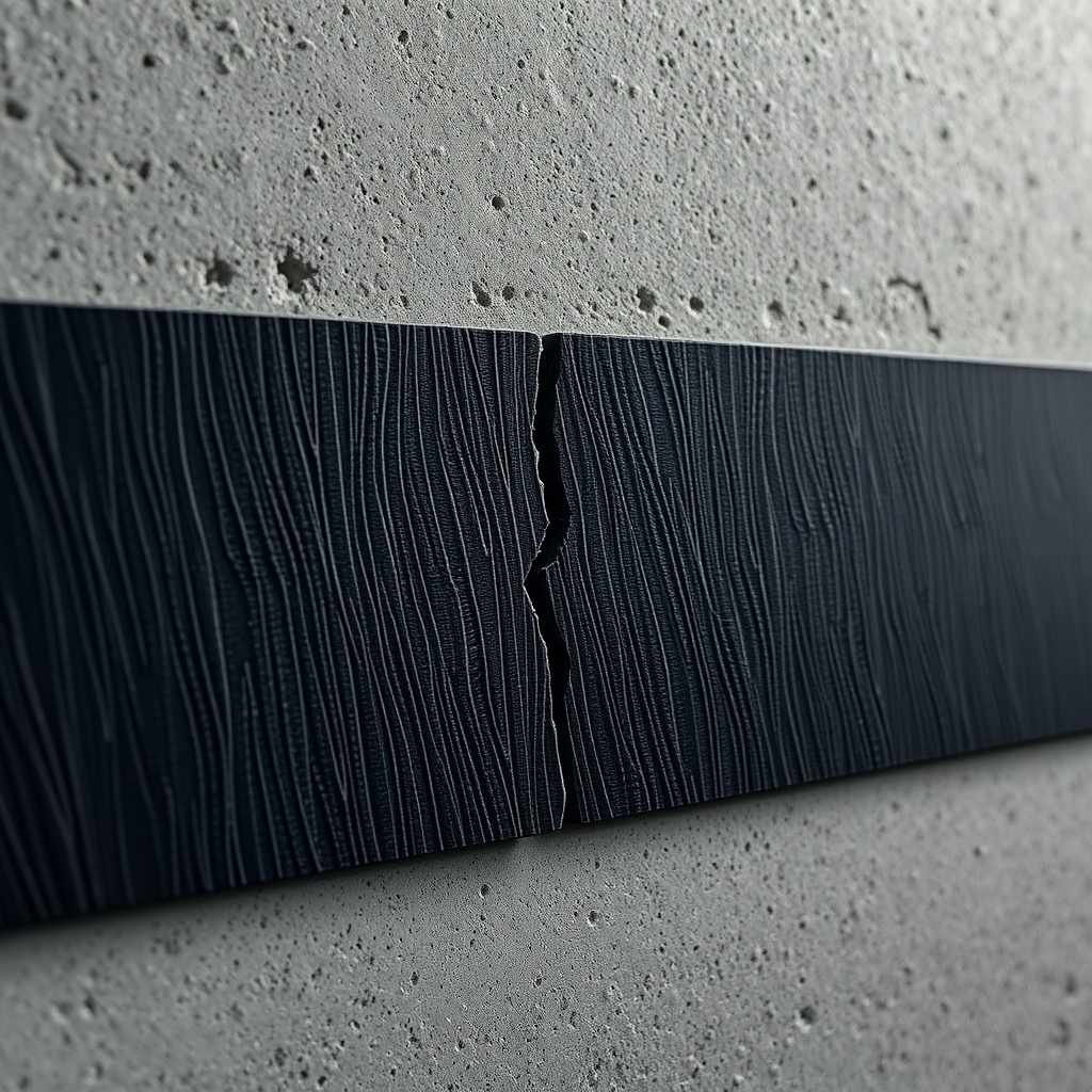 <clean photorealistic photo of a cracked carbon fiber strap on a concrete wall