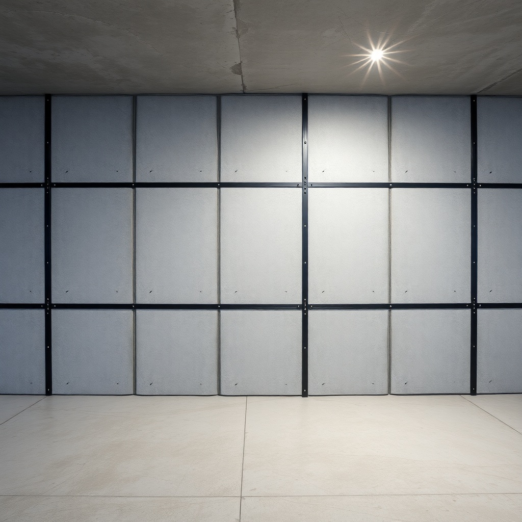 A photorealistic wide-angle shot of a finished basement wall with evenly spaced carbon fib