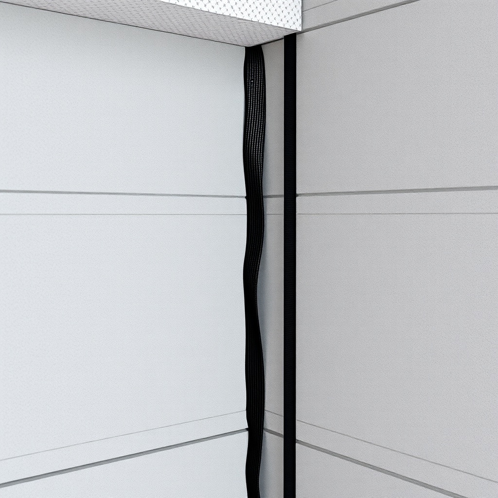 <photorealistic photo of a basement wall with newly installed carbon fiber straps spanning