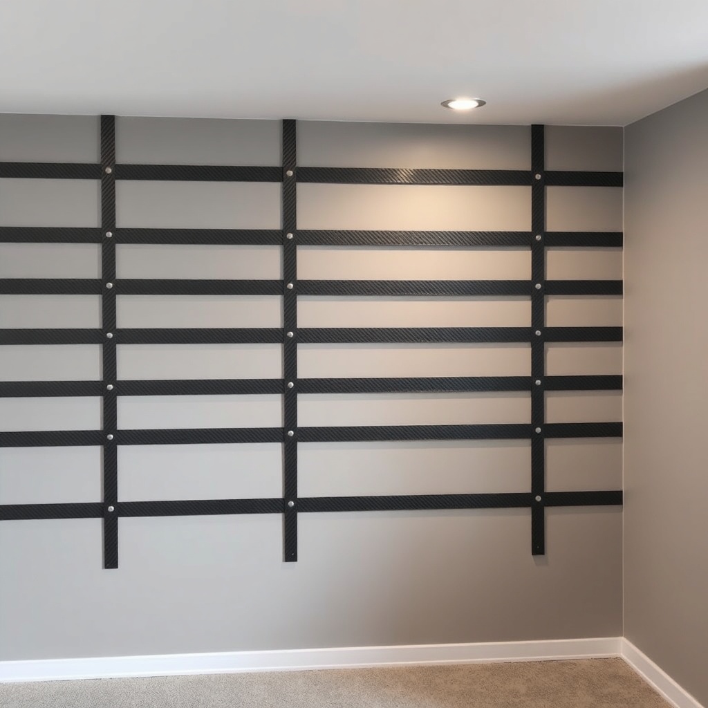 <photorealistic photo of a finished basement wall with carbon fiber straps painted over