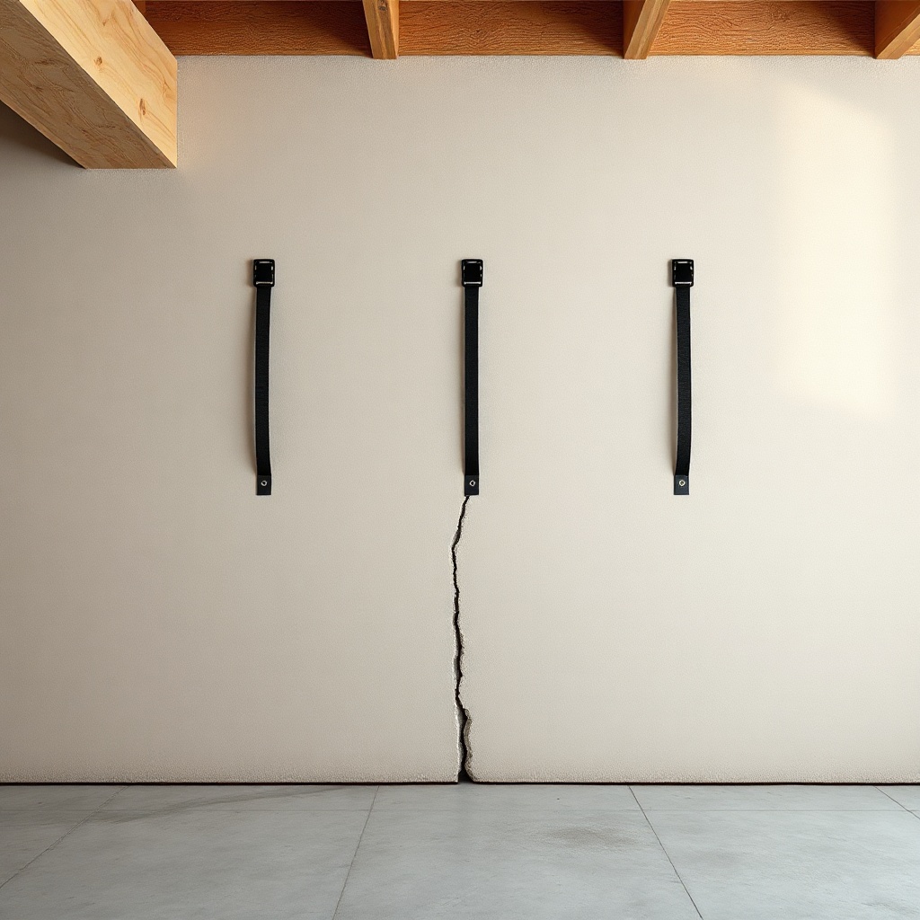 <Clean photorealistic photo of a residential basement wall with three vertical carbon fibe