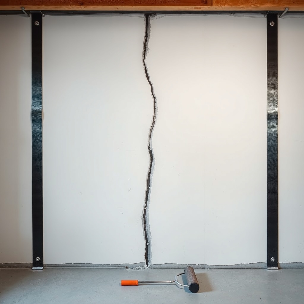 A clean basement wall with two vertical carbon fiber straps installed side by side