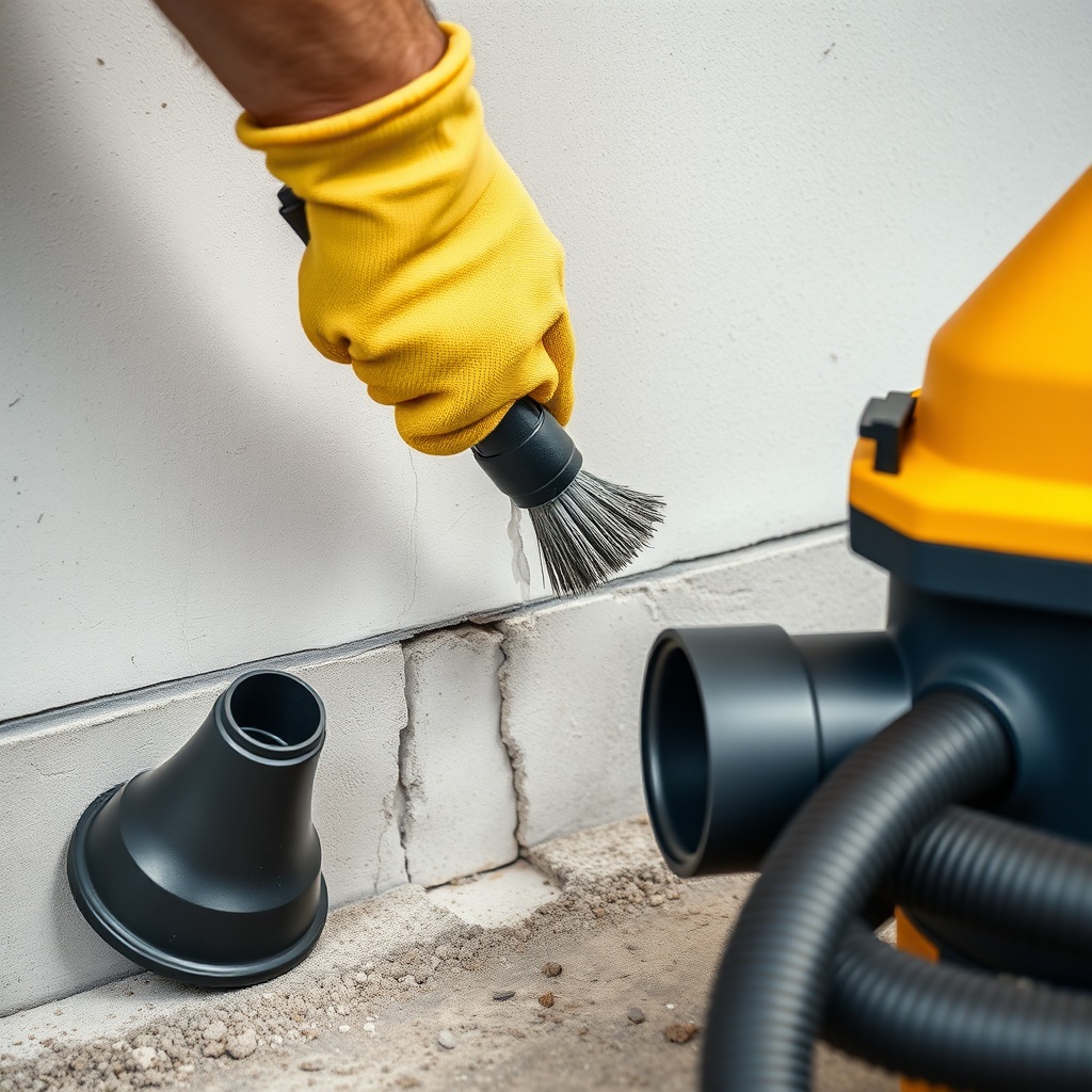 A homeowner in gloves using a wire brush to clean a foundation crack while a shop vacuum n
