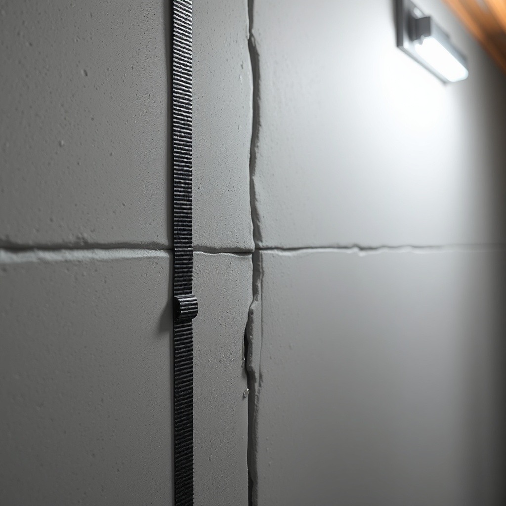 A photorealistic close-up photo showing a concrete basement wall with two carbon fiber str