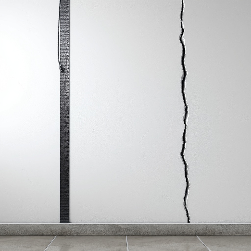 <clean photorealistic photo of a basement wall with a vertical crack on the left side
