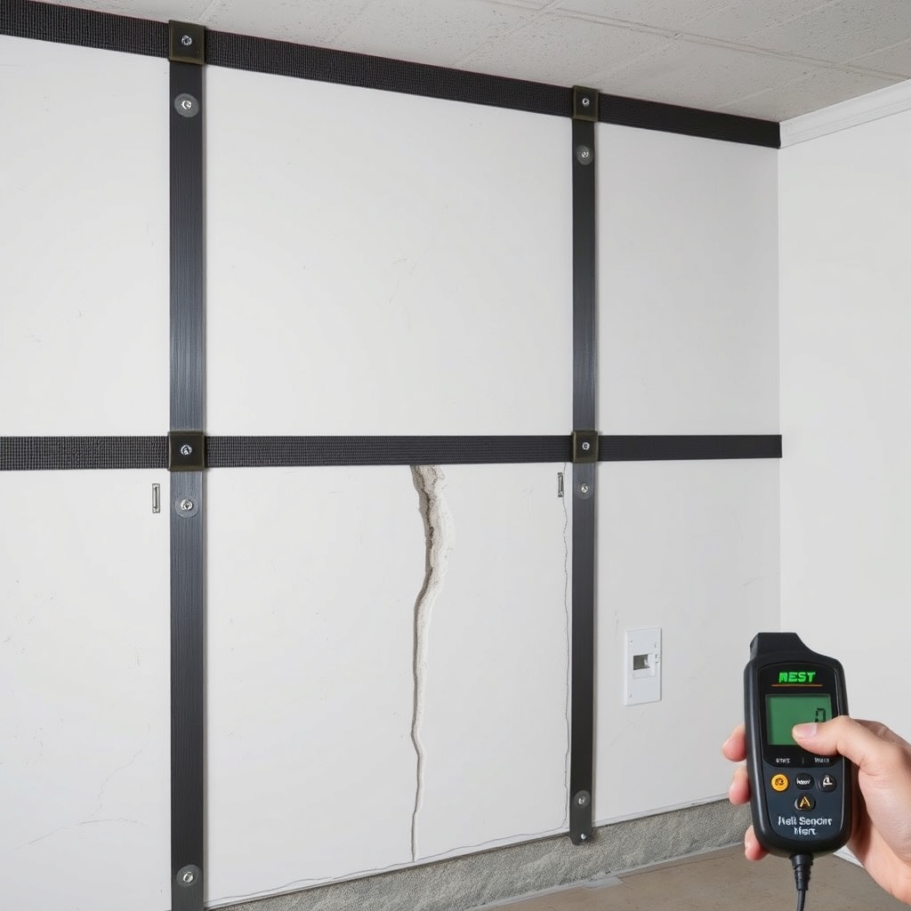 <clean photorealistic photo showing a basement wall with multiple vertical carbon fiber st