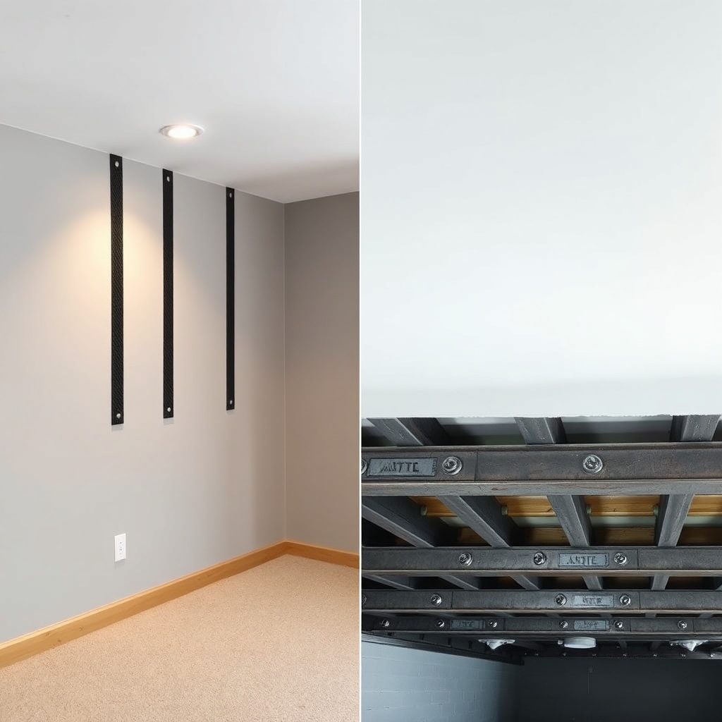 A side-by-side comparison photo showing a finished basement wall with three vertical carbo