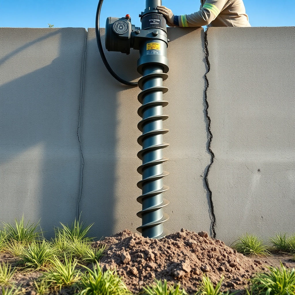 A close-up photorealistic photo of a helical pier being driven into the ground next to a c