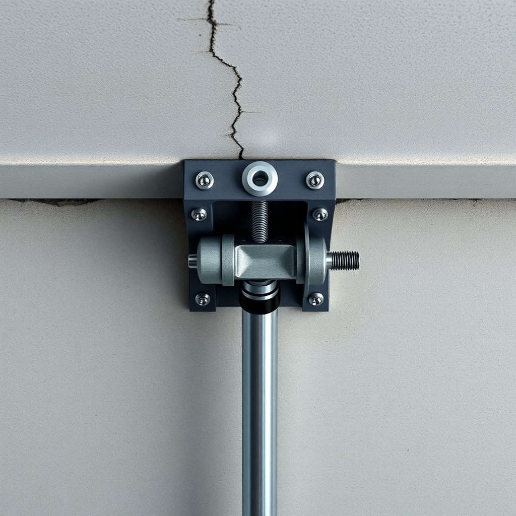 A top-down photorealistic photo of a helical pier bracket bolted to a concrete foundation