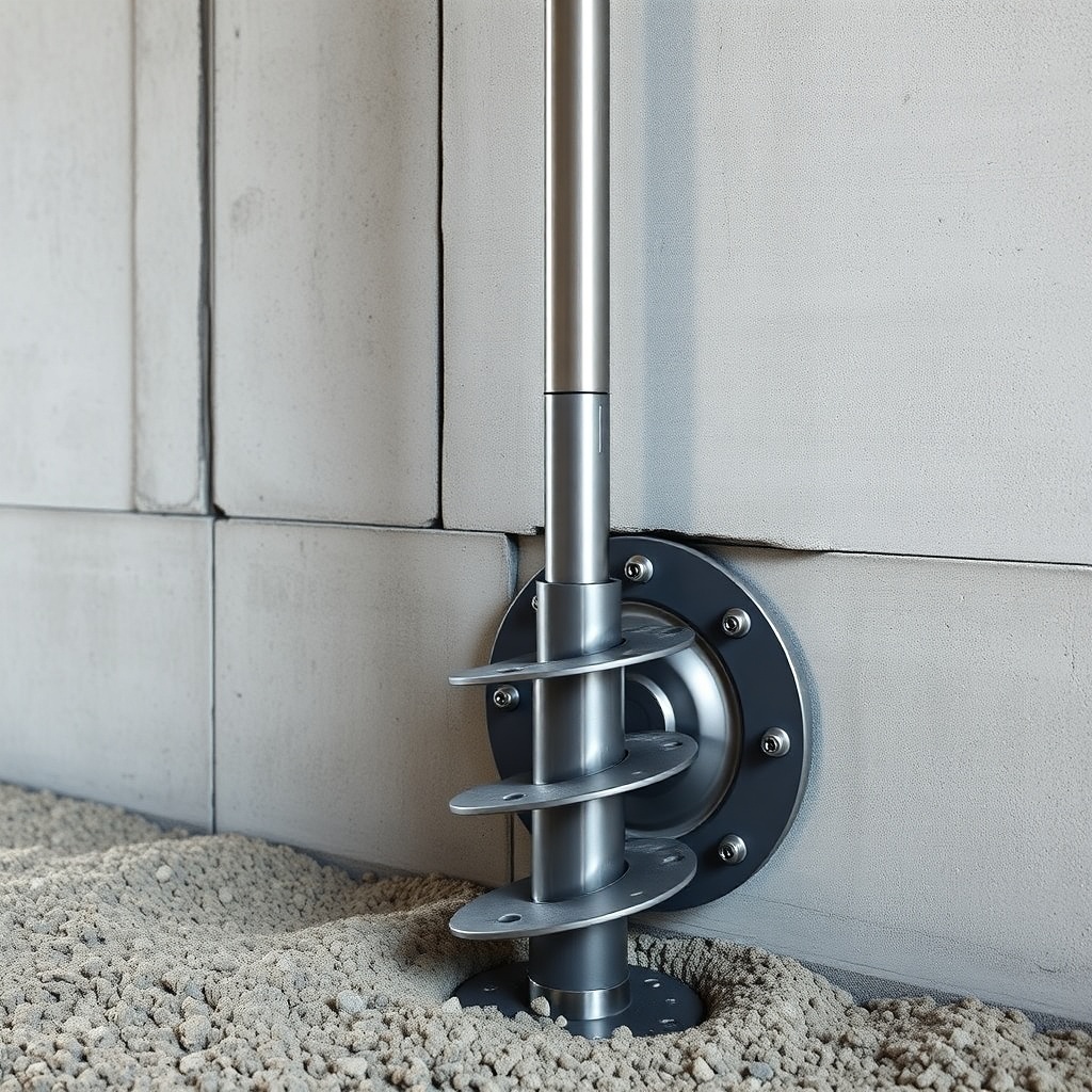 A clean photorealistic photo showing a helical pier being installed against a concrete bas