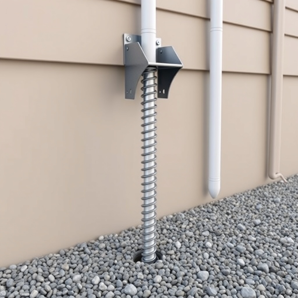 A clean photorealistic photo showing a completed helical pier installation with a steel br