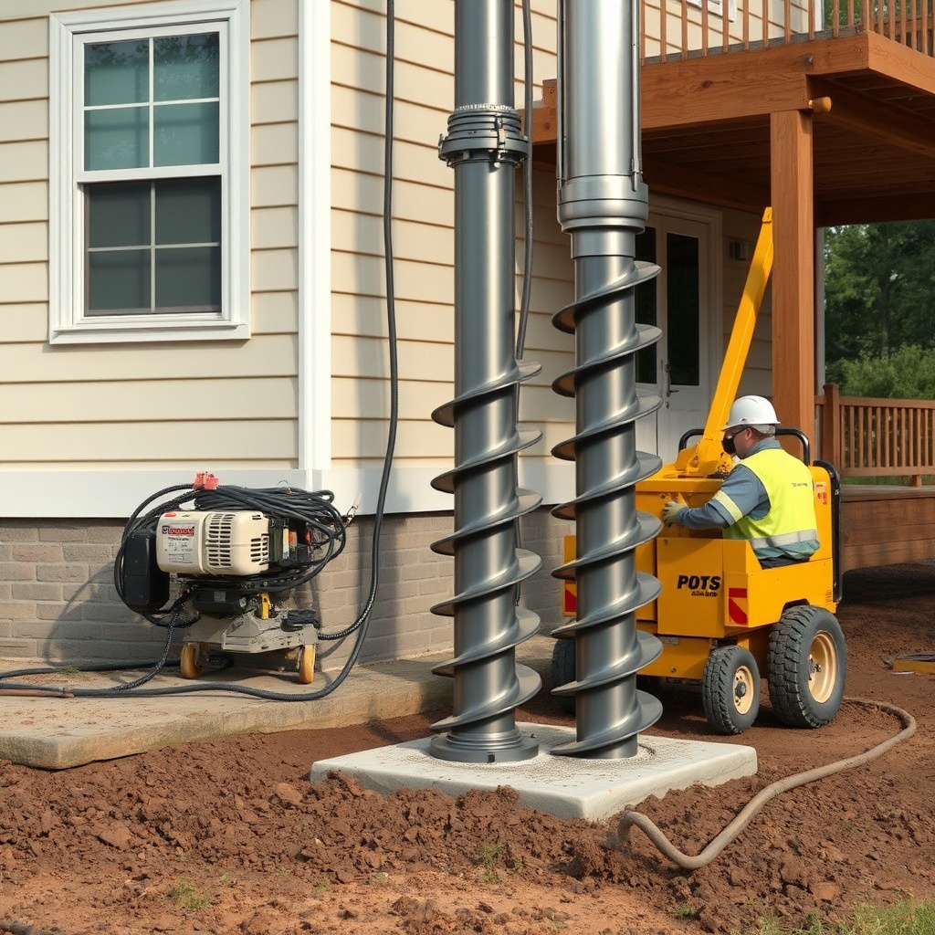 <photorealistic photo showing a helical pier being installed next to a house foundation