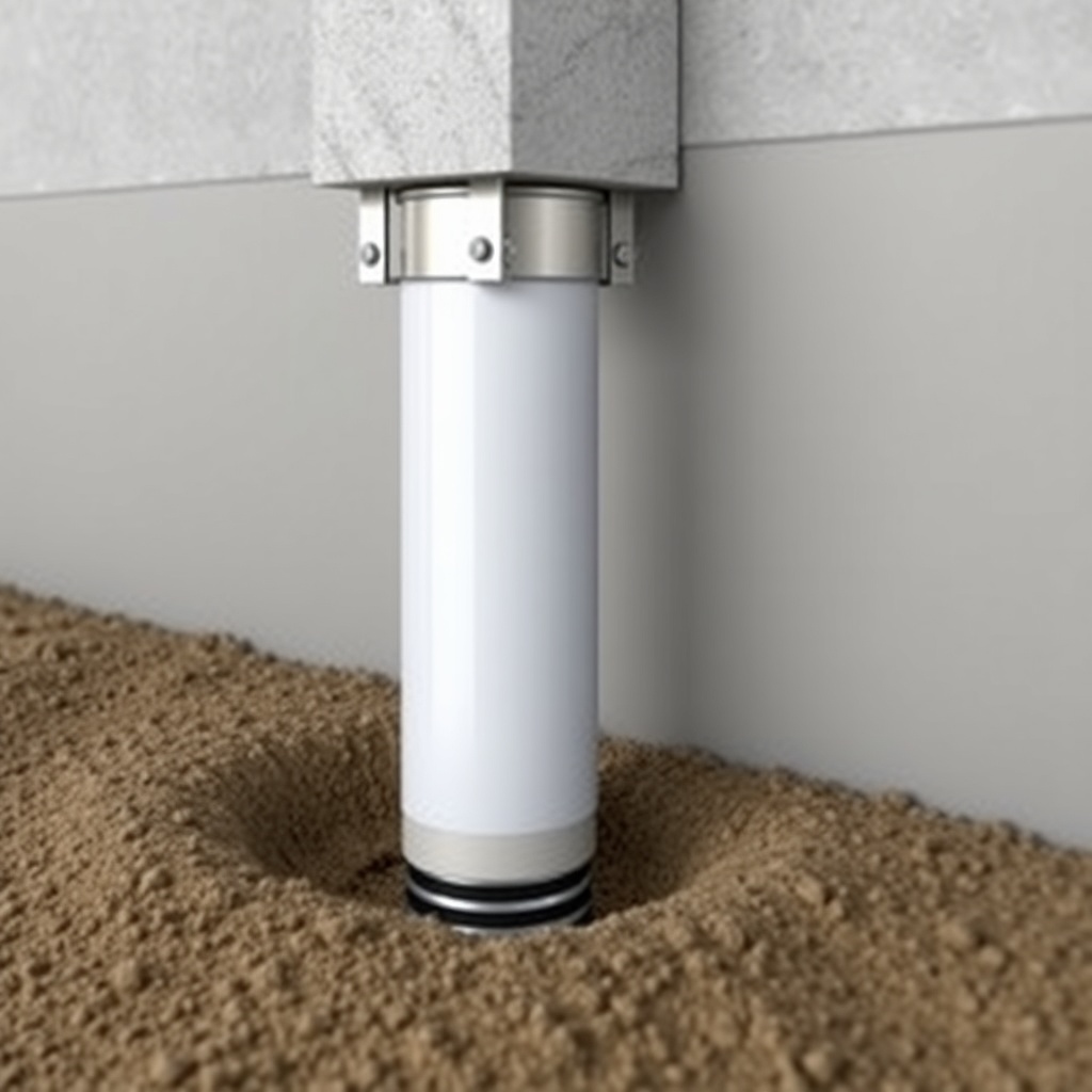 <photorealistic photo showing helical piers installed under a concrete foundation