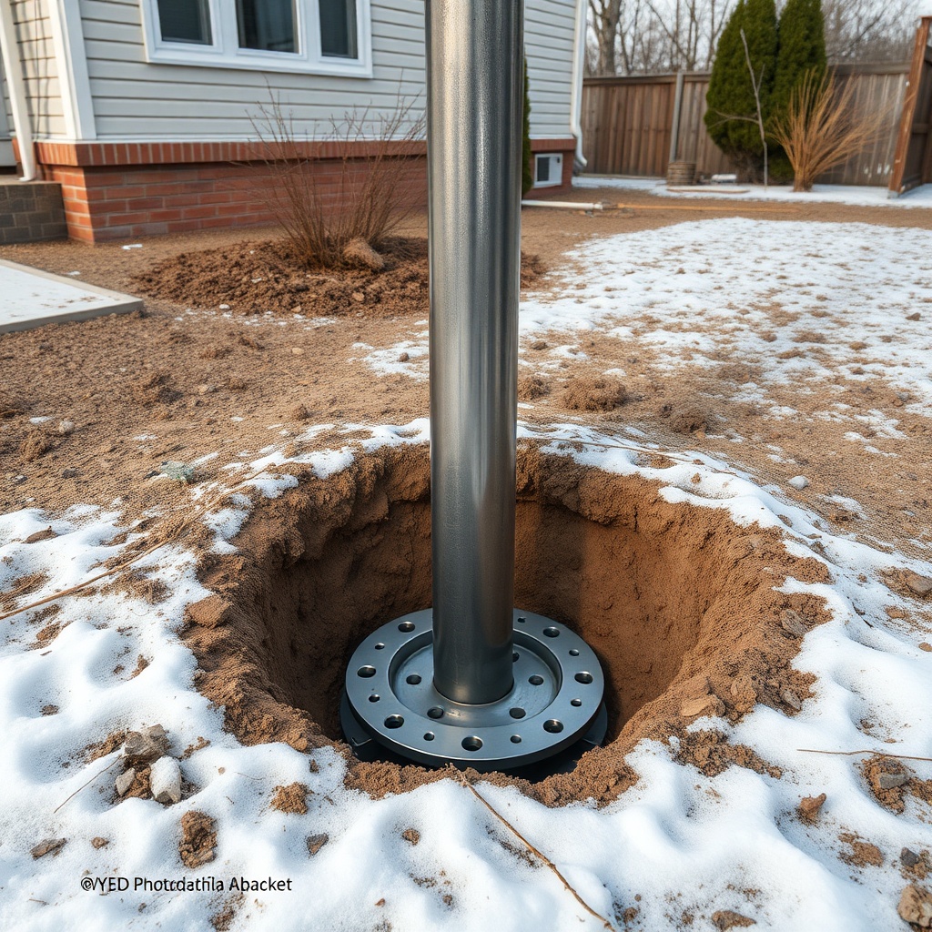 A photorealistic photo of a helical pier being installed in a residential yard near a foun