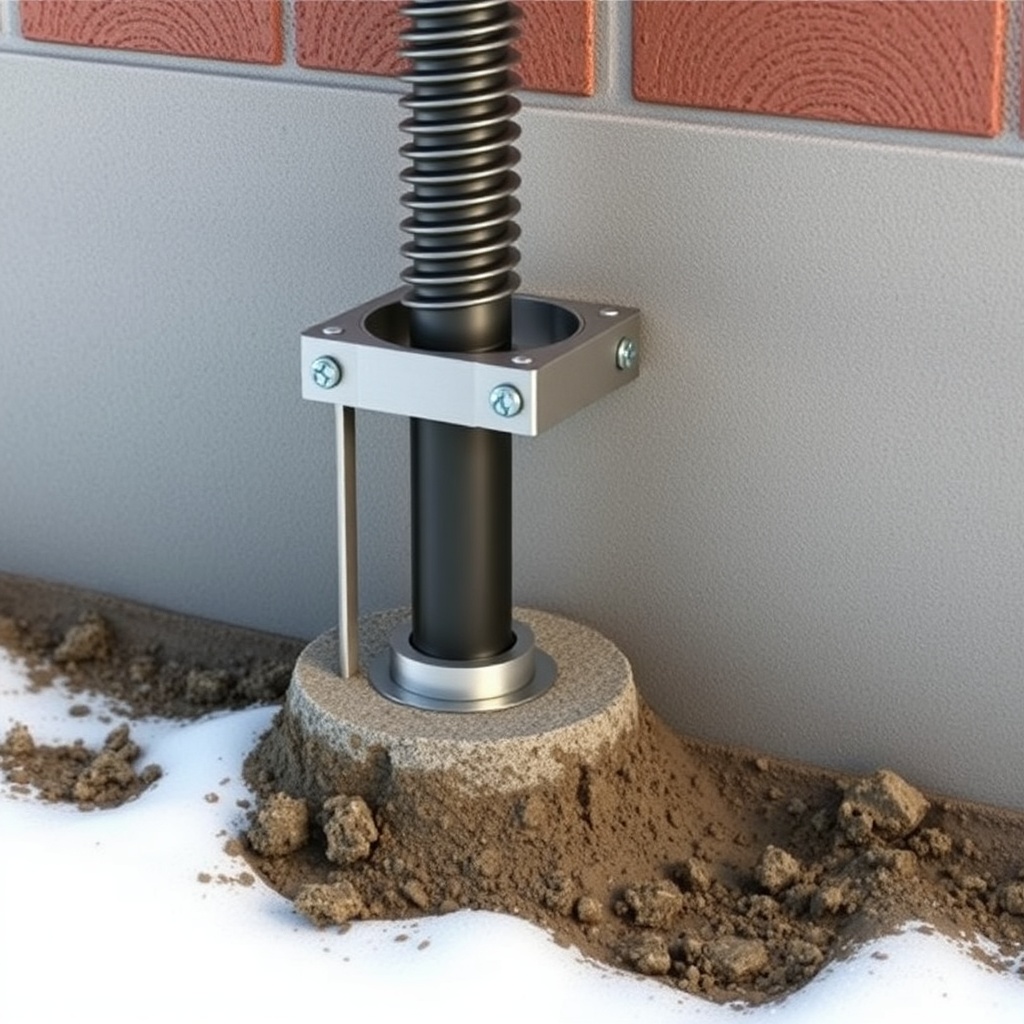 A photorealistic photo of a helical pier bracket connection exposed after excavation