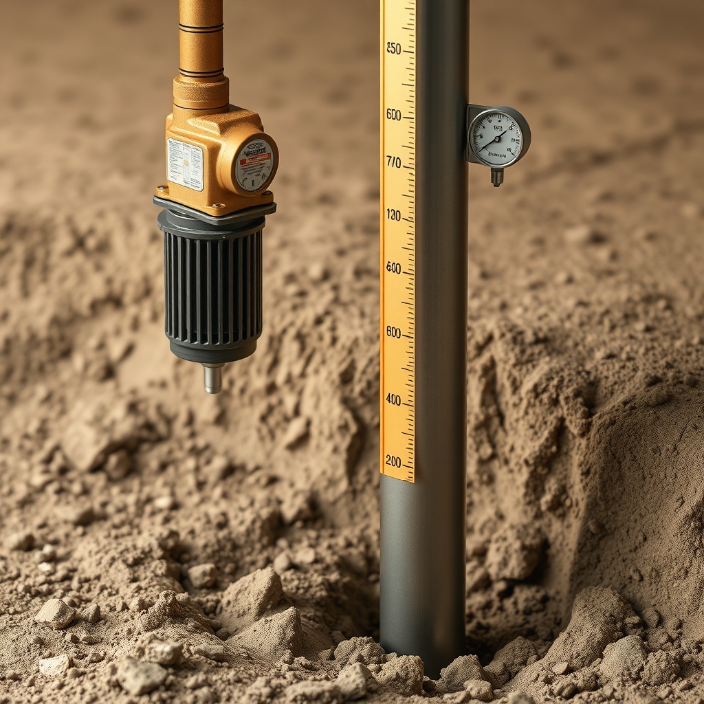 <clean photorealistic photo/illustration of helical piers being installed in clay soil wit