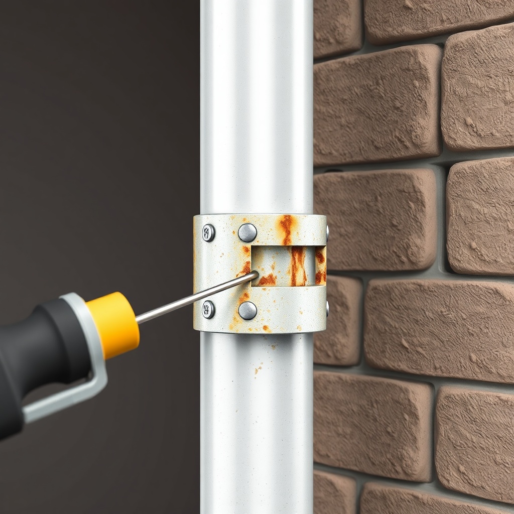 <clean photorealistic photo/illustration of a helical pier bracket being inspected next to