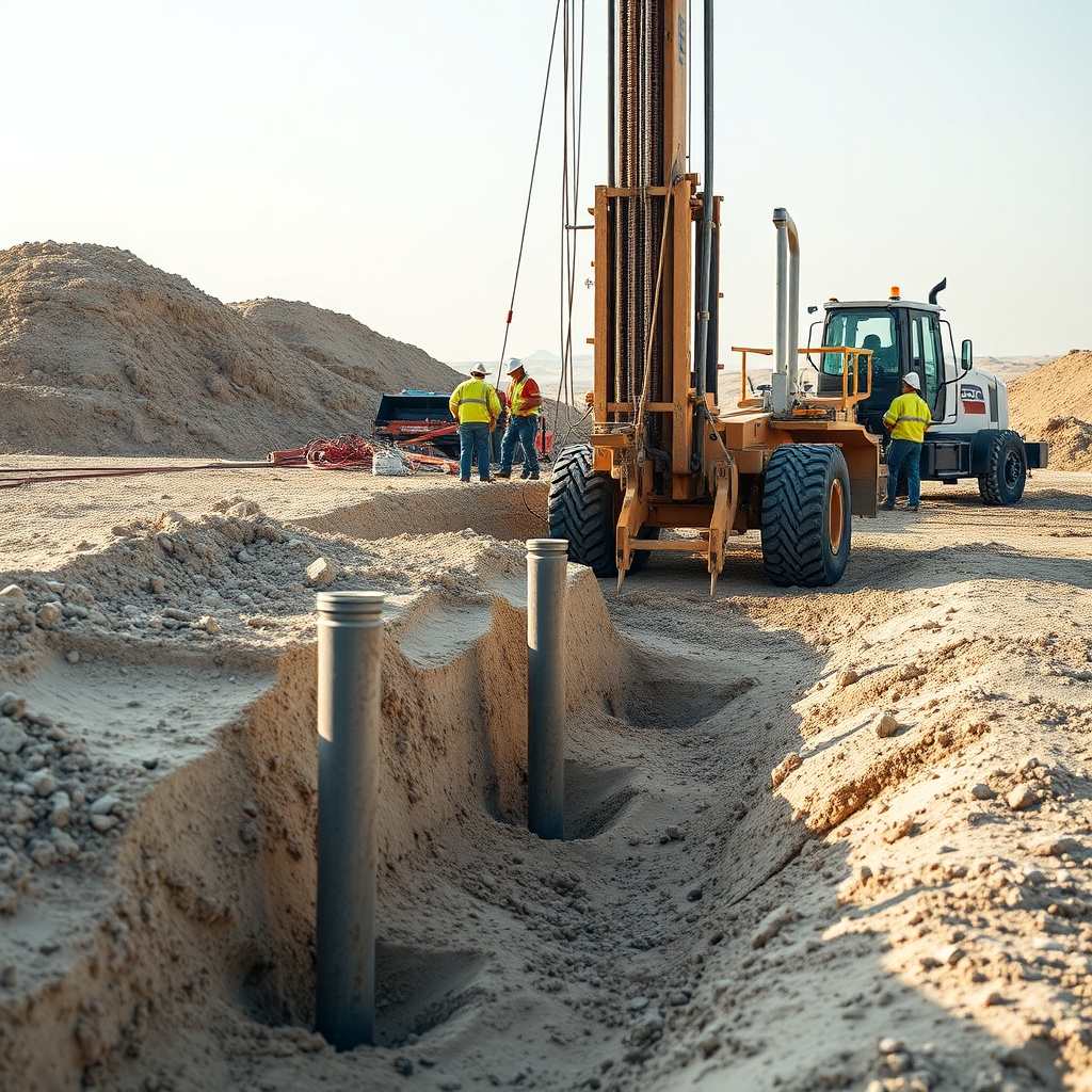 <clean photorealistic photo of helical piers being installed in sandy soil with a construc
