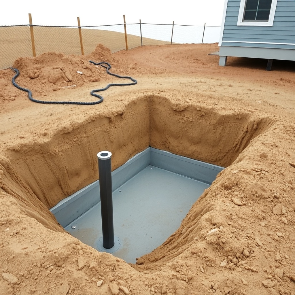<clean photorealistic photo of a finished helical pier installation in sandy soil with a c