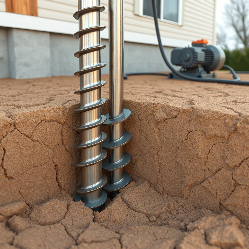<clean photorealistic photo of helical pier installation on a residential foundation in dr