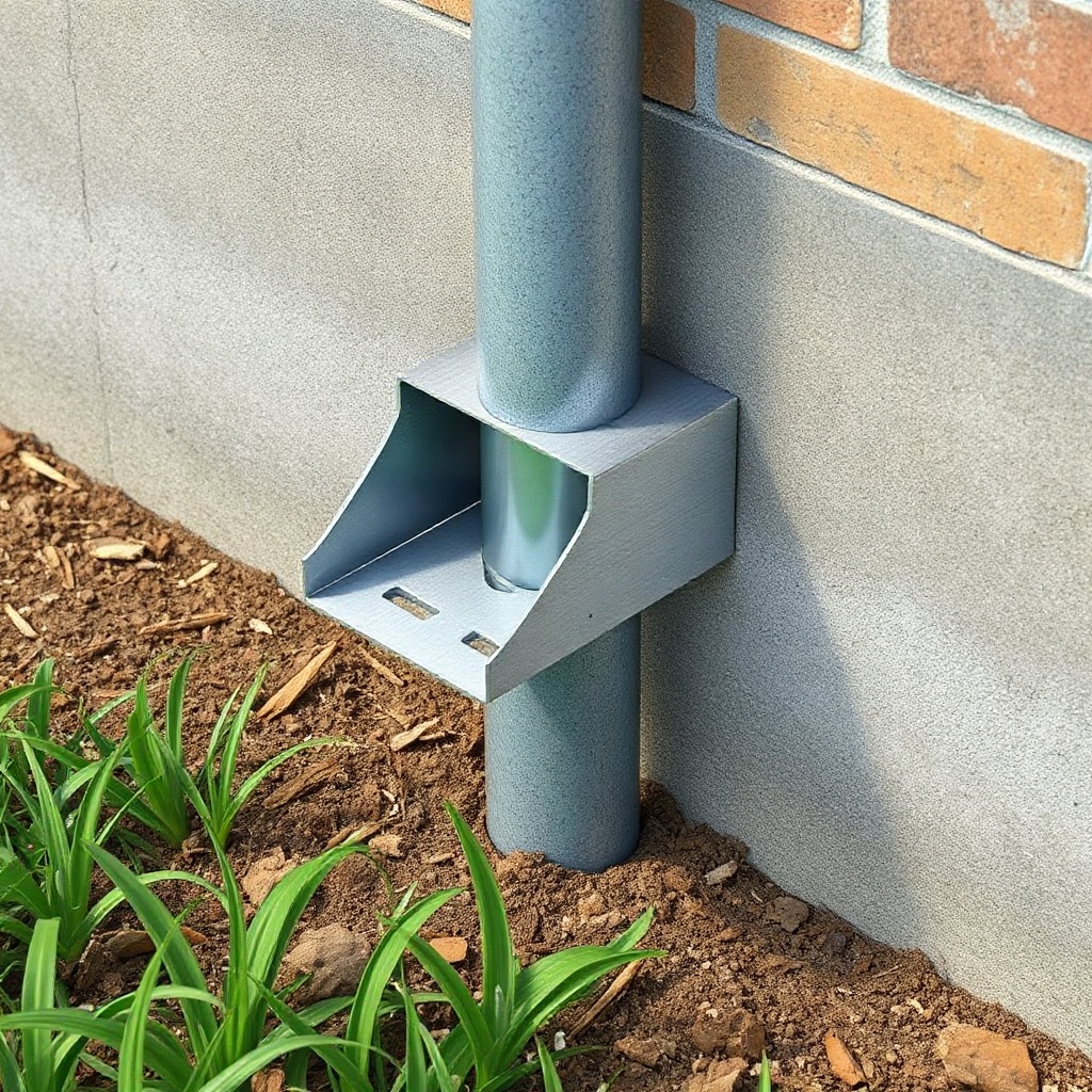 <clean photorealistic photo of a finished helical pier bracket attached to a concrete foun