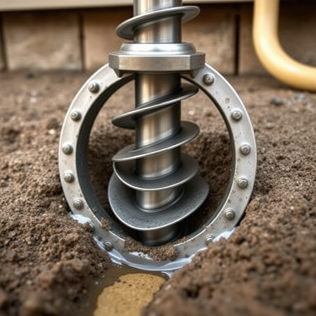 Close-up of helical pier installed near residential foundation