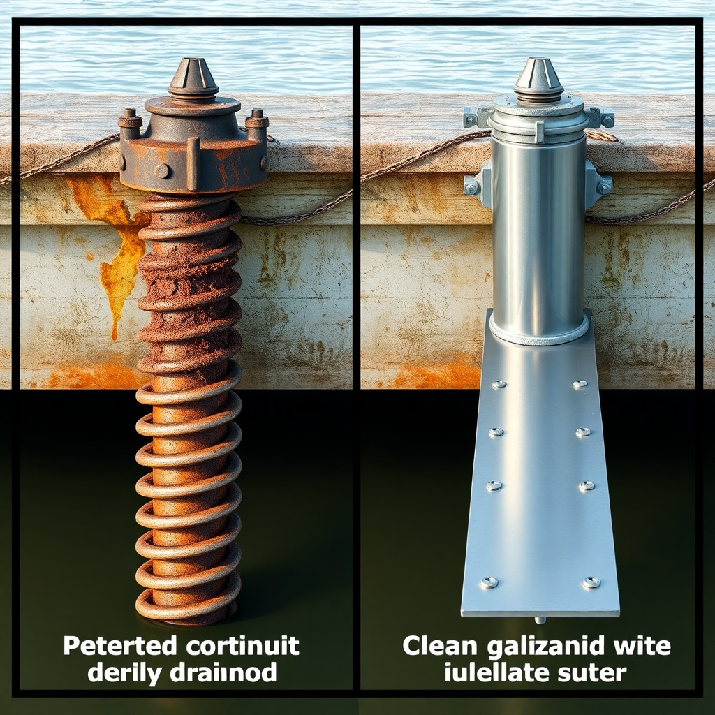 Split-screen comparison showing a helical pier with advanced corrosion (left side) and a p