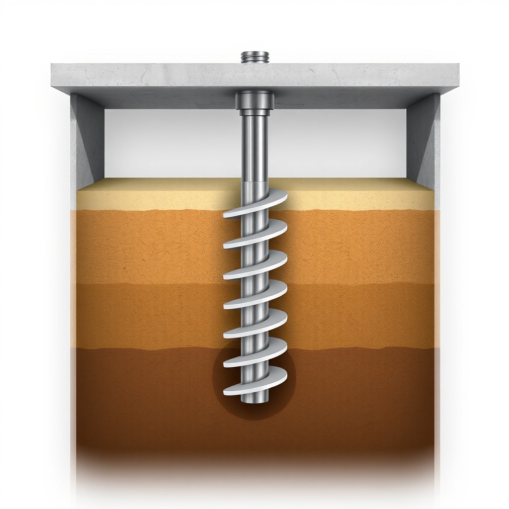 A photorealistic cross-section illustration showing a helical pier being installed beneath