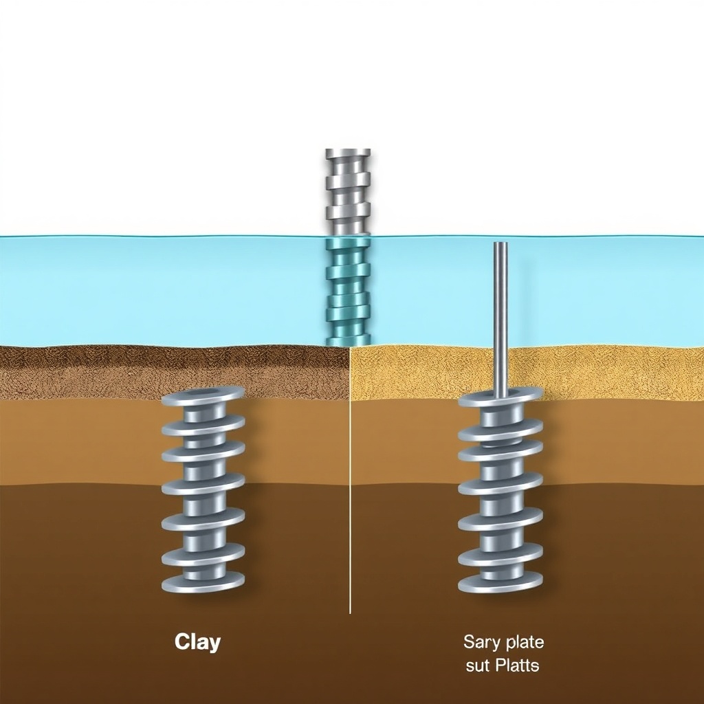 A photorealistic side-view illustration of a helical pier in clay soil versus sandy soil