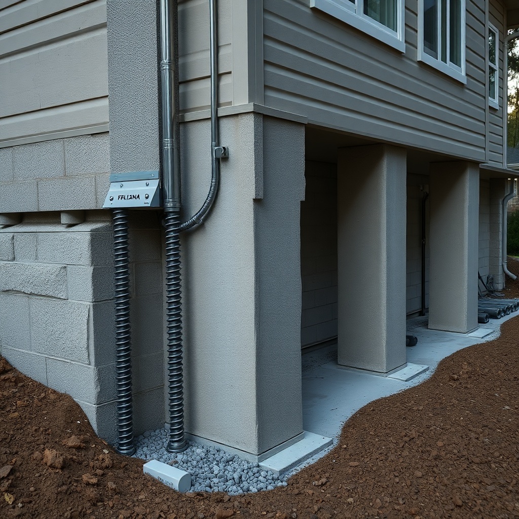 <A clean photorealistic photo of a residential foundation with helical piers being install