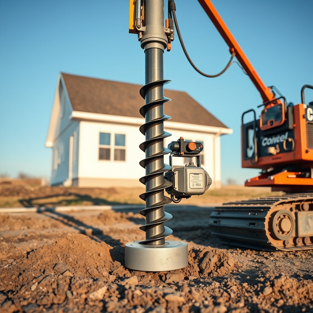 A clean photorealistic photo showing a helical pier being screwed into the ground with a c