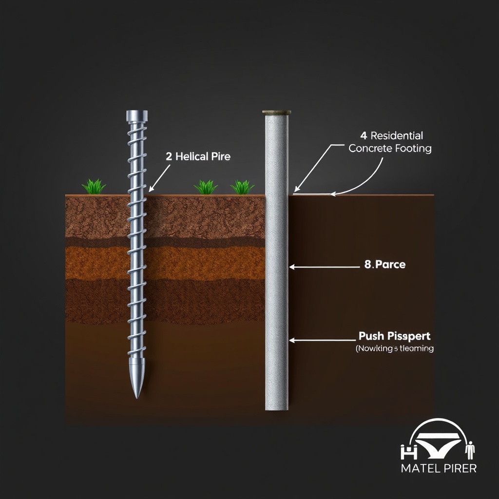 A photorealistic illustration of a cross-section view showing a helical pier next to a pus