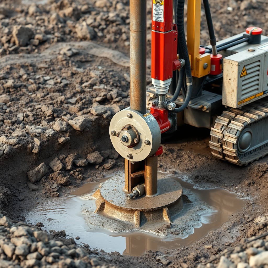 A photorealistic photo of helical piers being installed in a muddy