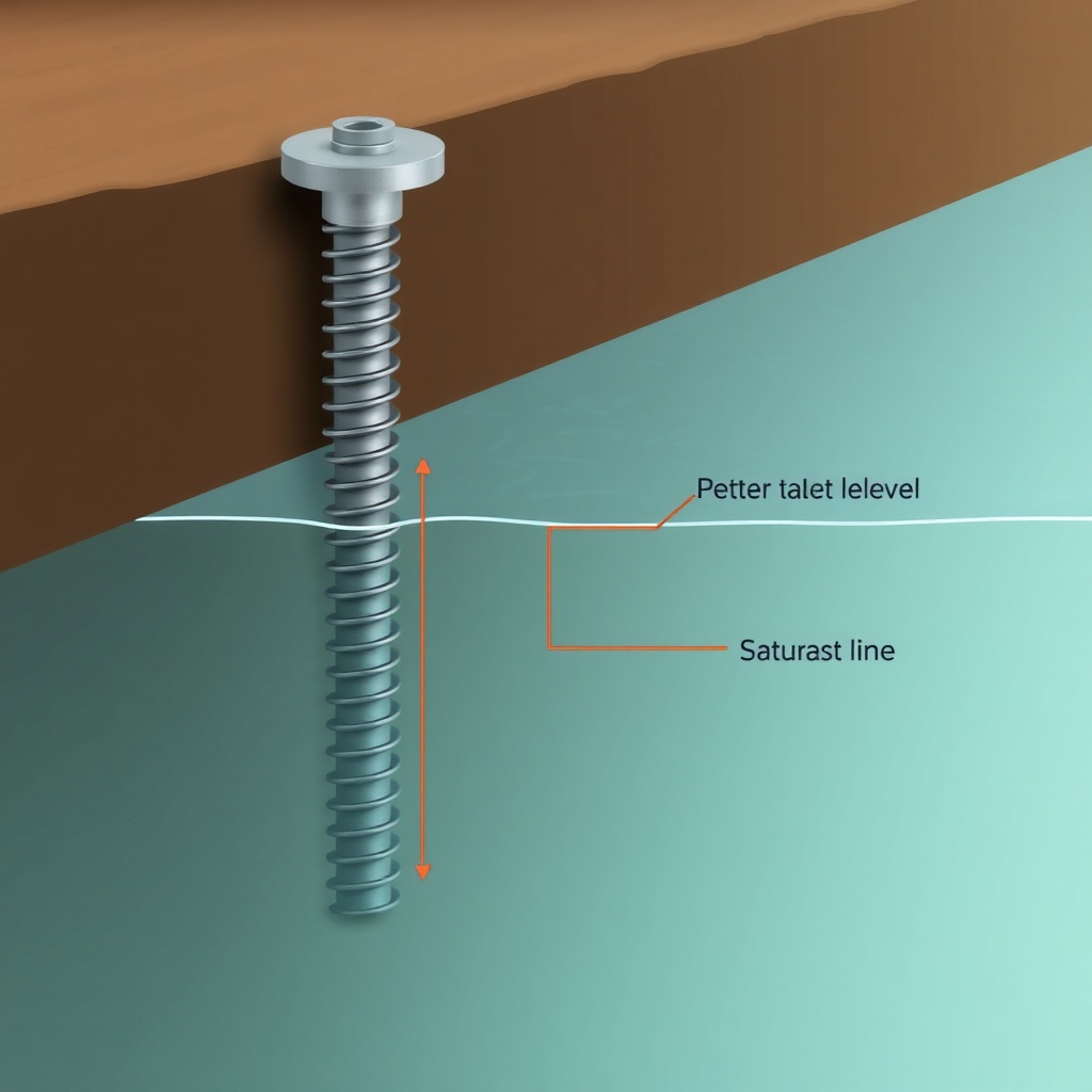 A photorealistic photo showing a cross-section of helical piers installed in saturated soi
