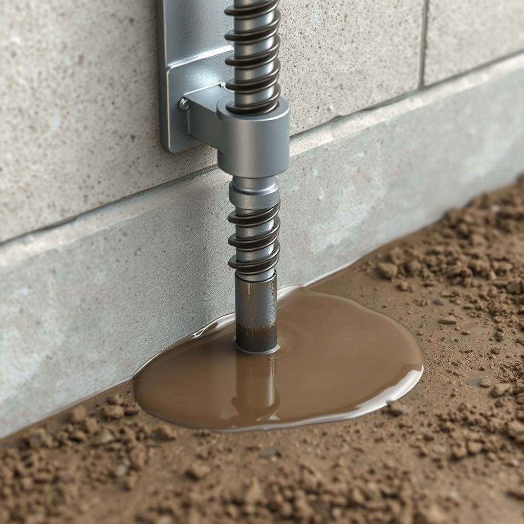 A close-up photorealistic image showing a helical pier bracket attached to a concrete foun