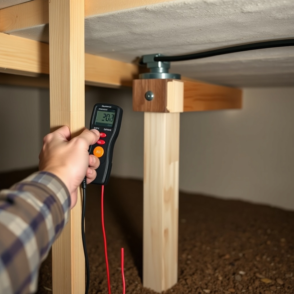 A photorealistic image showing a homeowner using a handheld moisture meter to test the woo
