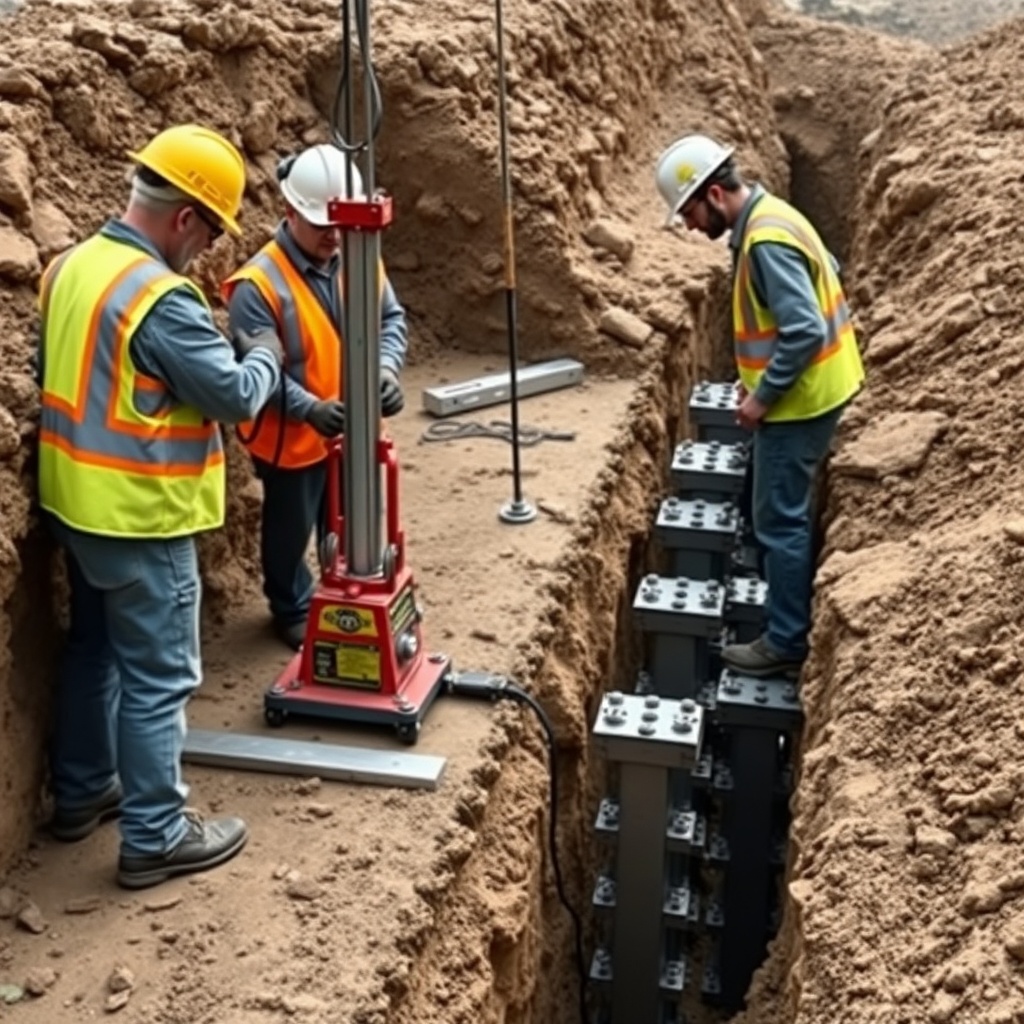 A photorealistic photo showing a crew working on a push pier installation—two workers in s