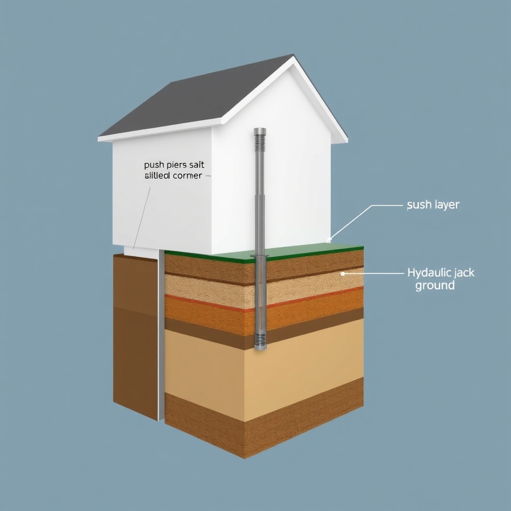 Cross-sectional diagram showing a house foundation with push pier installed at a tilted co