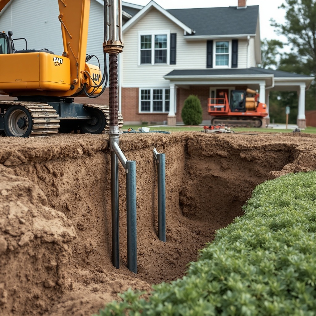 A clean photorealistic photo of a residential foundation with push pier installation under