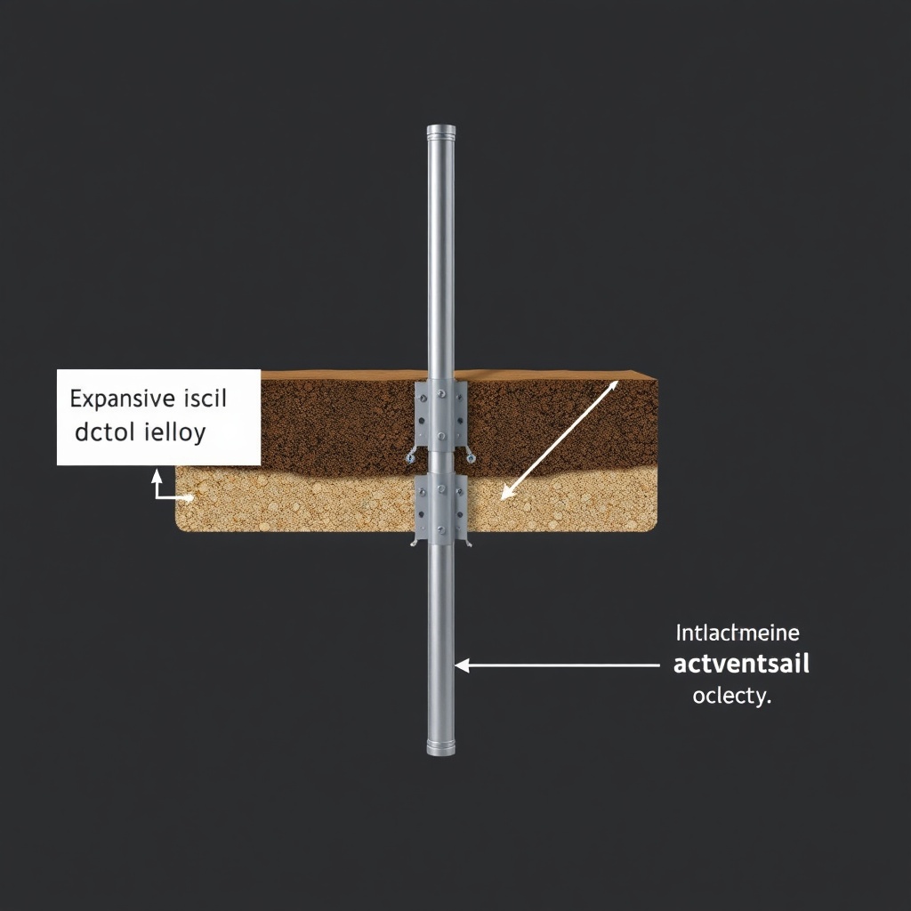 A clean photorealistic photo showing a cross-section of expansive soil with push piers ins