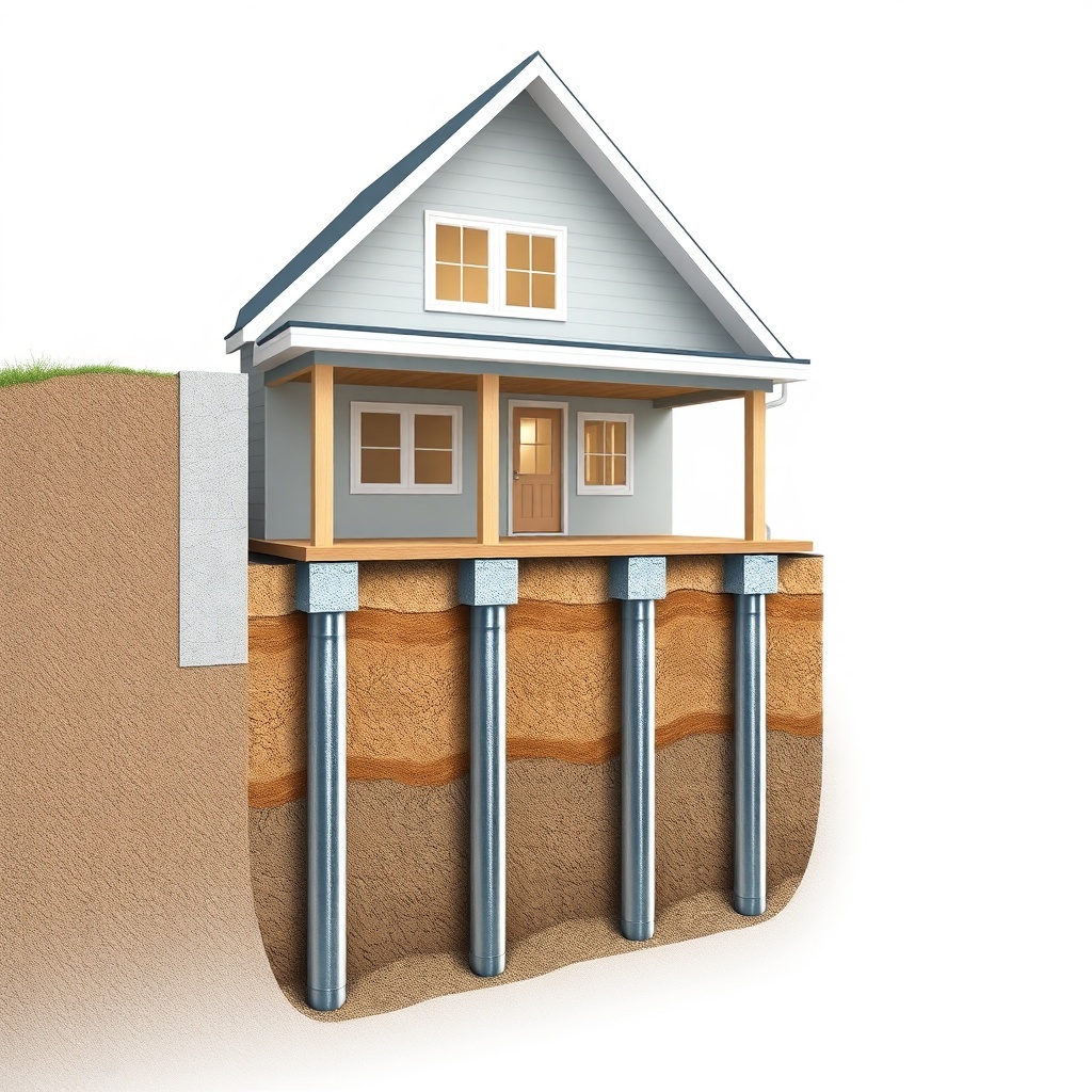 A photorealistic cross-section illustration showing push piers installed under a concrete