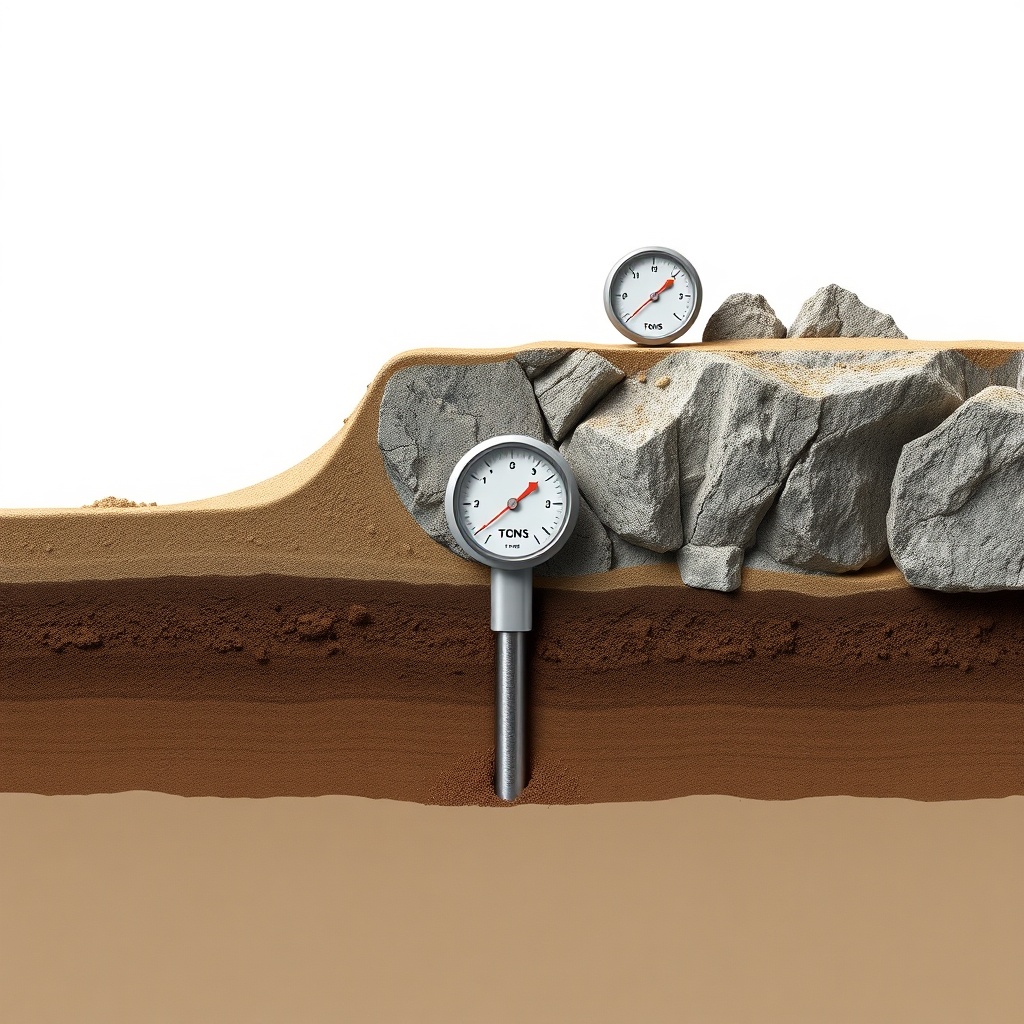 A photorealistic cross-section showing a push pier driven through soft clay into dense bed