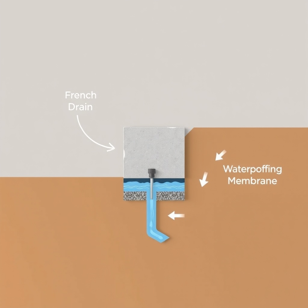 A photorealistic diagram showing a push pier with a French drain and waterproofing membran