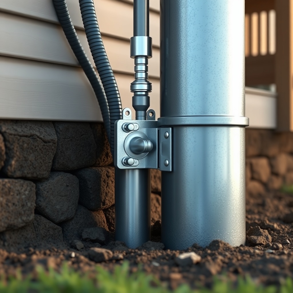Photorealistic close-up of a steel push pier being hydraulically driven into soil beside a