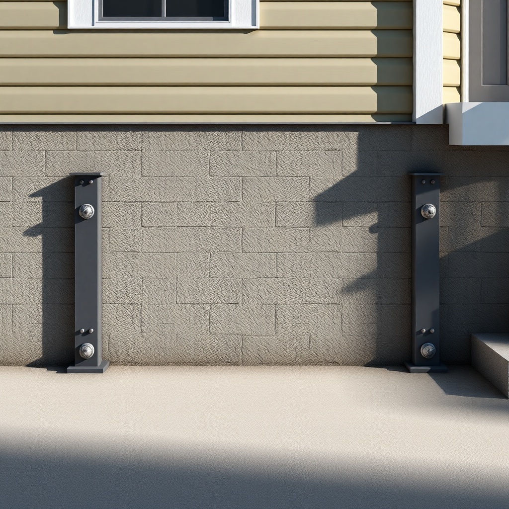 Photorealistic wide shot of a residential foundation with multiple push piers installed