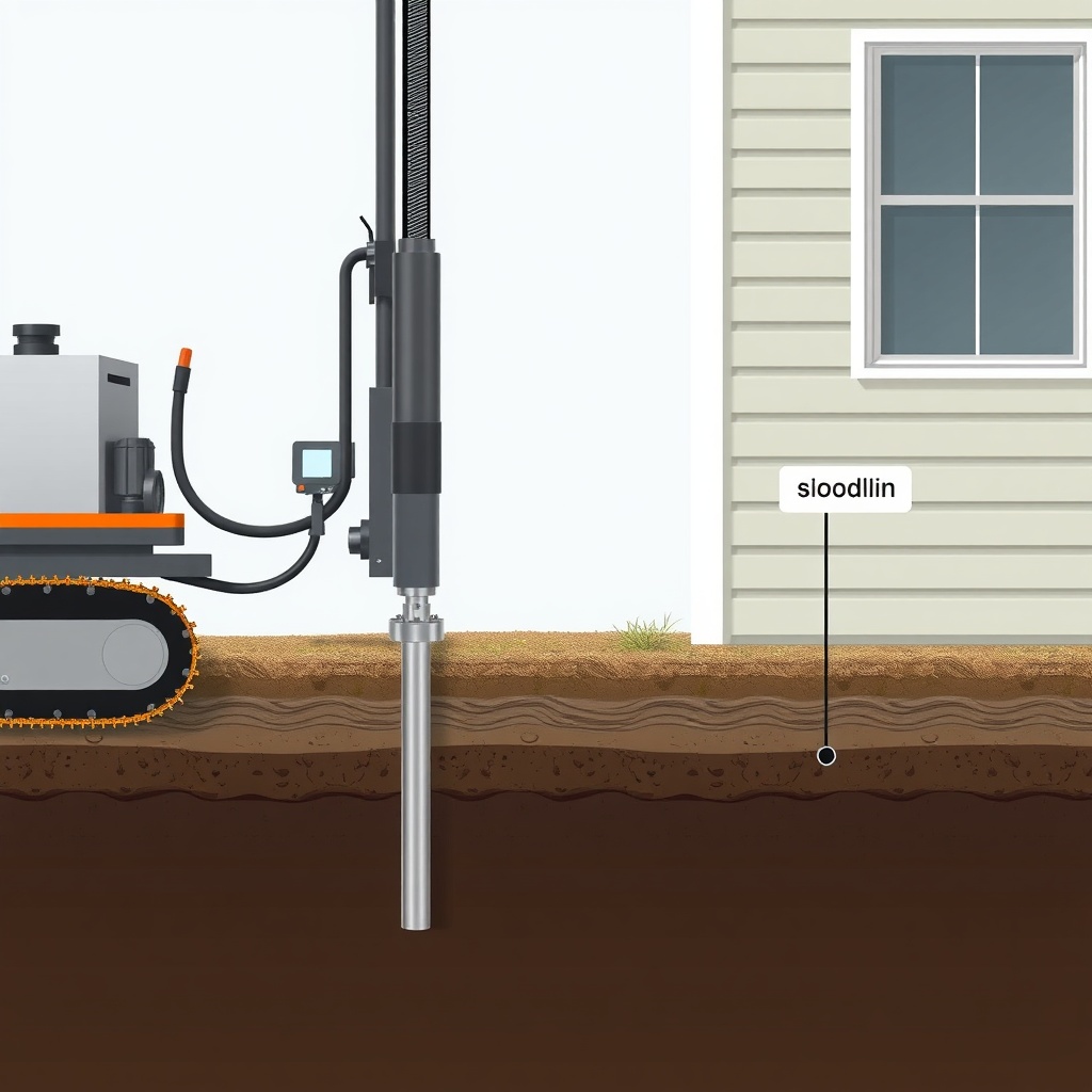 A photorealistic side-view illustration of a hydraulic machine driving a steel push pier i