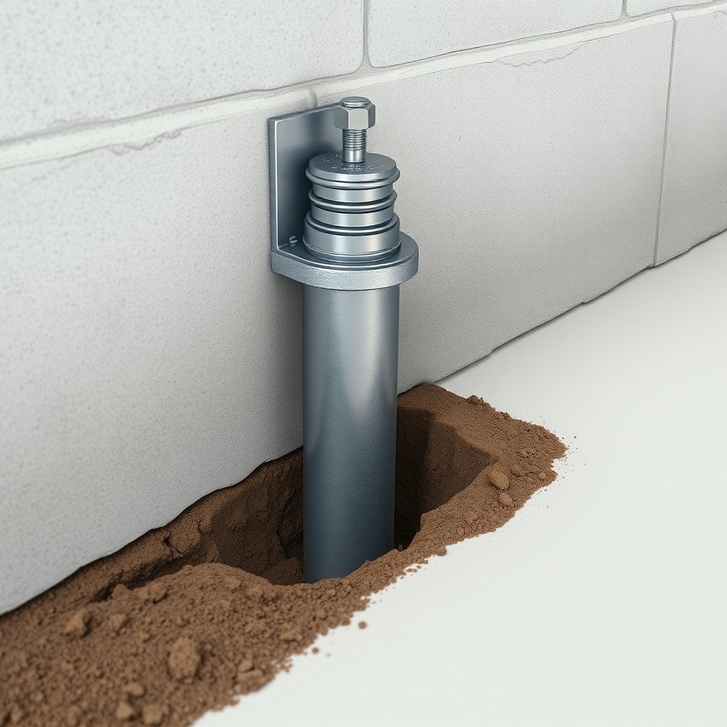 A photorealistic photo of a push pier bracket bolted to a concrete foundation wall